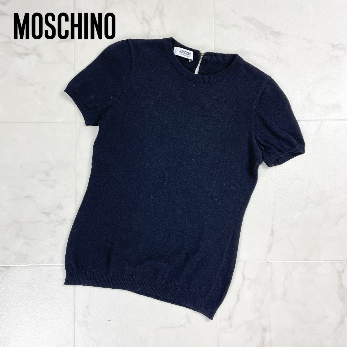 MOSCHINO モスキーノ ウール・カシミヤ混 クルーネックニット セーター パール釦 半袖 トップス レディース ブラック 黒 サイズS-M*GD1212拍卖