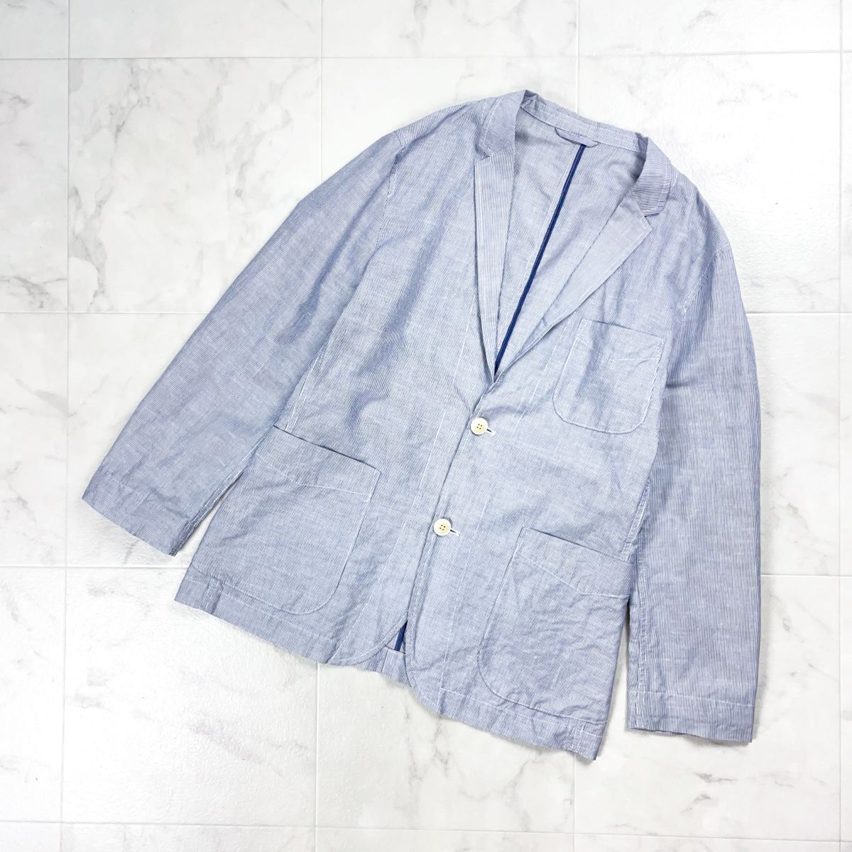 BURBERRY BLACK LABEL バーバリーブラックレーベル リネン混 ヒッコリーサマージャケット メンズ ネイビー 紺 サイズL*GD1215拍卖