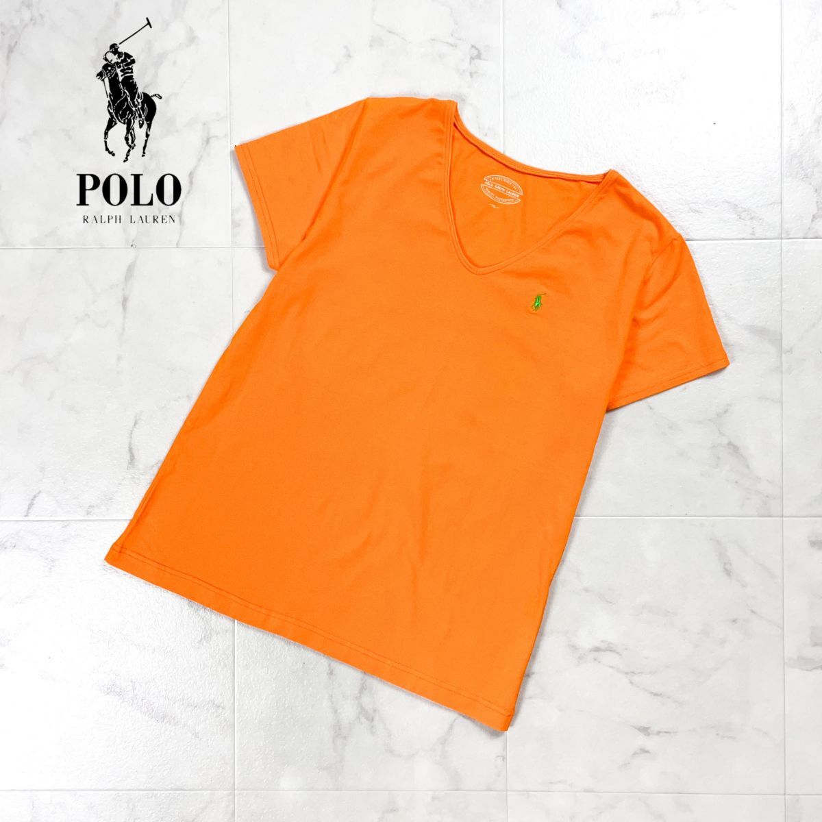 POLO RALPH LAUREN ポロラルフローレン Vネックカットソー ワンポイント刺繍 トップス レディース 蛍光オレンジ サイズXL*GD1218拍卖