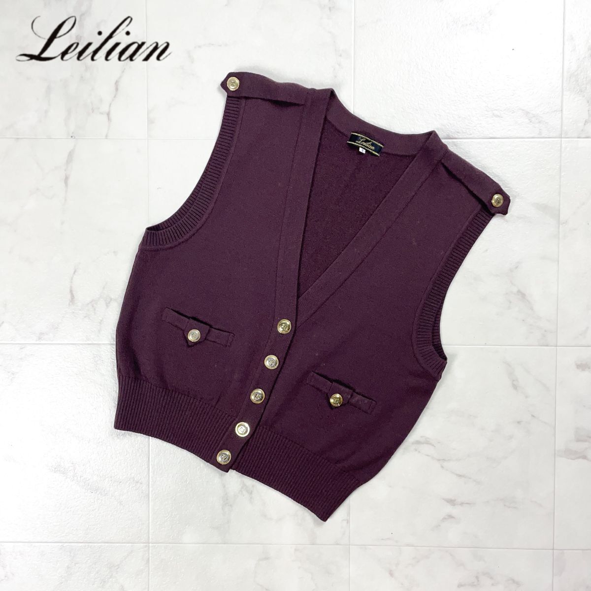 Leilian レリアン ウール100% ニットベスト セーター チョッキ トップス 金ボタン レディース ブラウン 茶 サイズ9*GD1219拍卖