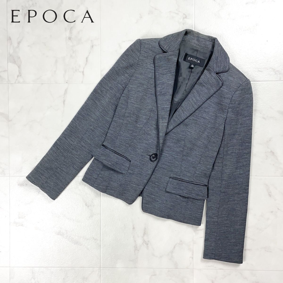 EPOCA エポカ ウール100% パイピングテーラードジャケット 総裏 レディース 杢グレー サイズ38*GD1220拍卖