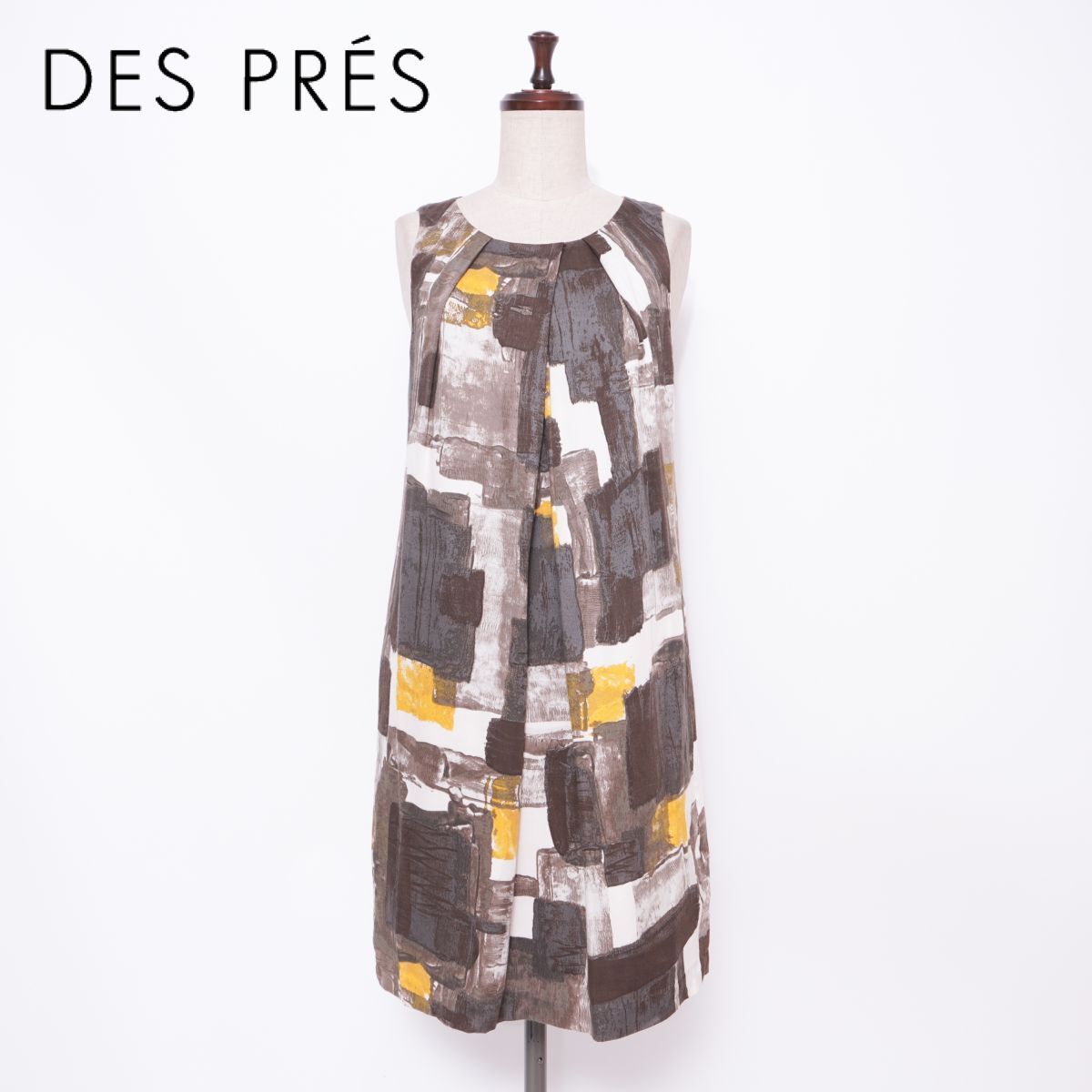 DES PRES デプレ TOMORROWLAND トゥモローランド 総柄ノースリーブワンピース 膝丈 ブラウン 茶色 グレー サイズ1*GD407拍卖