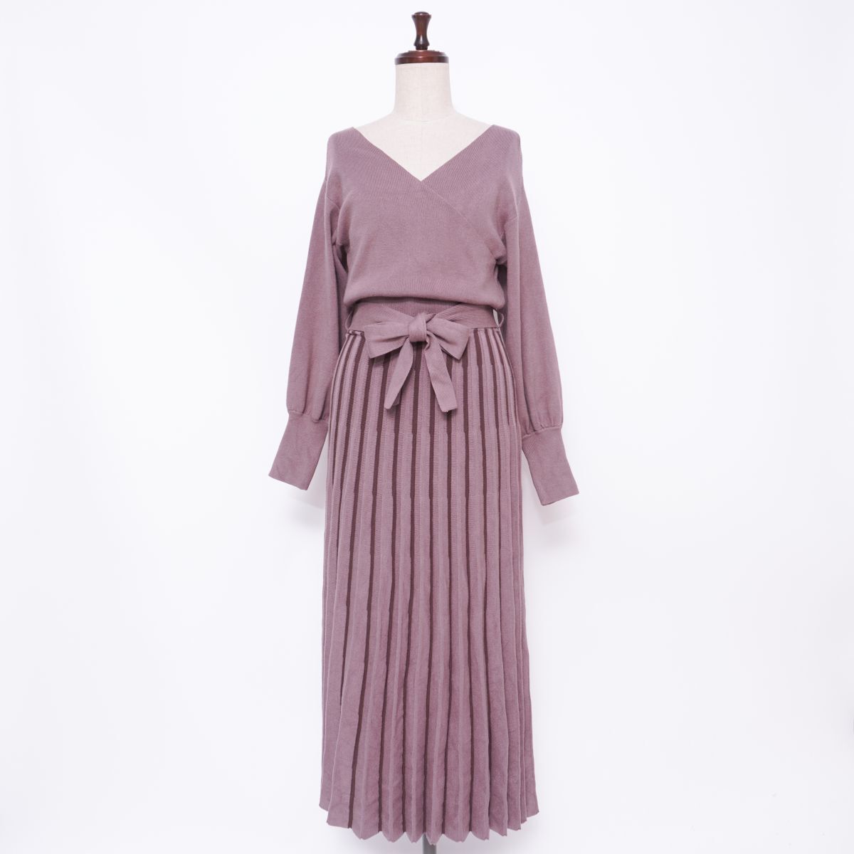 美品 LAGUNAMOON ラグナムーン カシュクールリボンニットワンピース ボリュームスリーブ バイカラー ロング丈 紫 パープル サイズF*GD416拍卖