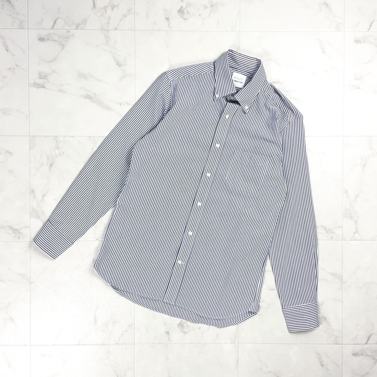 美品 TROTTERトロッター MACKINTOSH COOLMAX ストライプ長袖シャツ ボタンダウン ストレッチ素材 メンズ ネイビー 紺 サイズ38*GD418拍卖