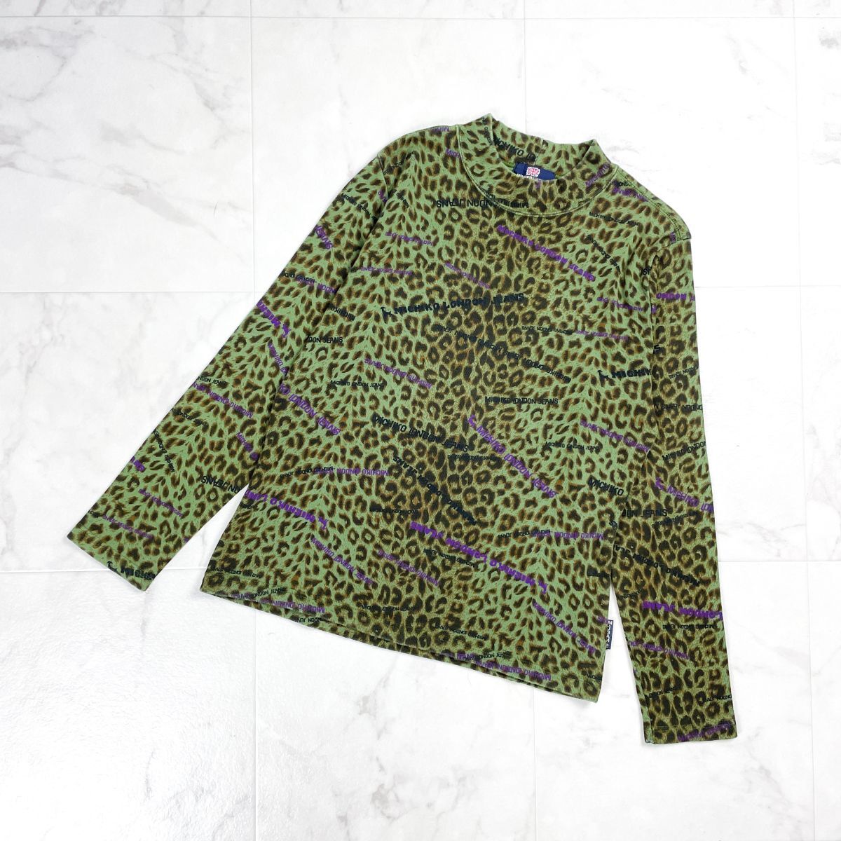 美品 MICHIKO LONDON JEANS ミチコロンドン レオパード柄ハイネック長袖スウェット ロンT 総柄 レディース 緑 グリーン サイズL*GD424拍卖