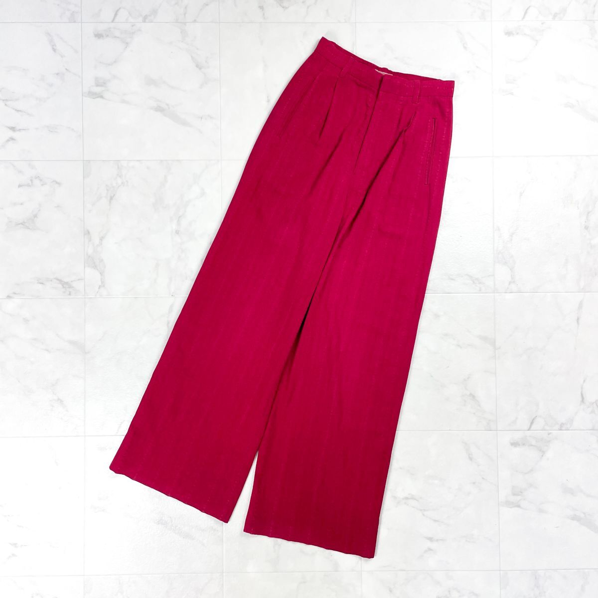 ROMEO GIGLI ロメオジリ ストライプワイドパンツ スラックス ポケット付 リネン混 レディース 赤 レッドサイズ60-88*GD429拍卖