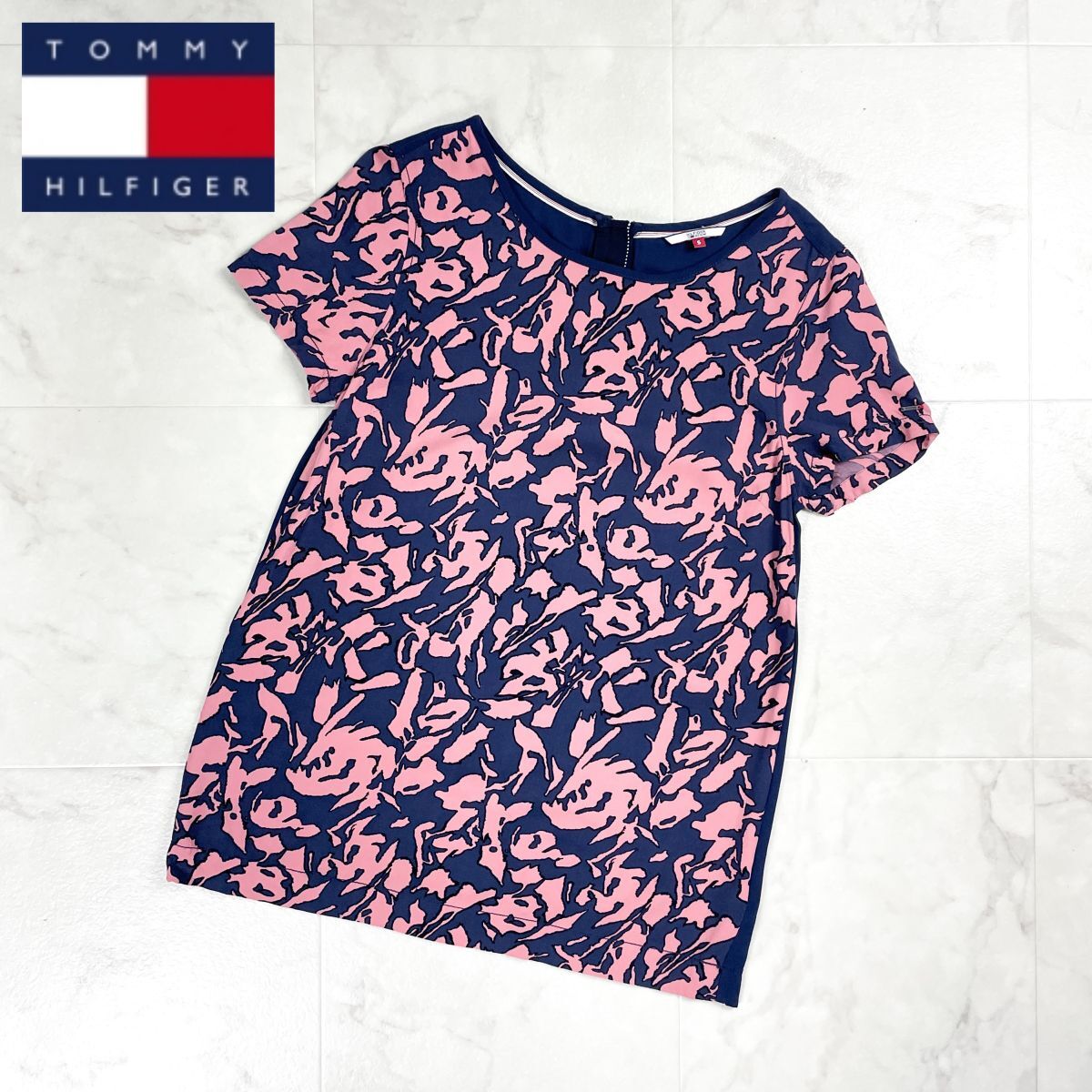 美品 HILFIGER DENIM ヒルフィガーデニム 総柄ブラウス 半袖 トップス レディース ピンク ネイビー 紺 サイズS*GD1183拍卖