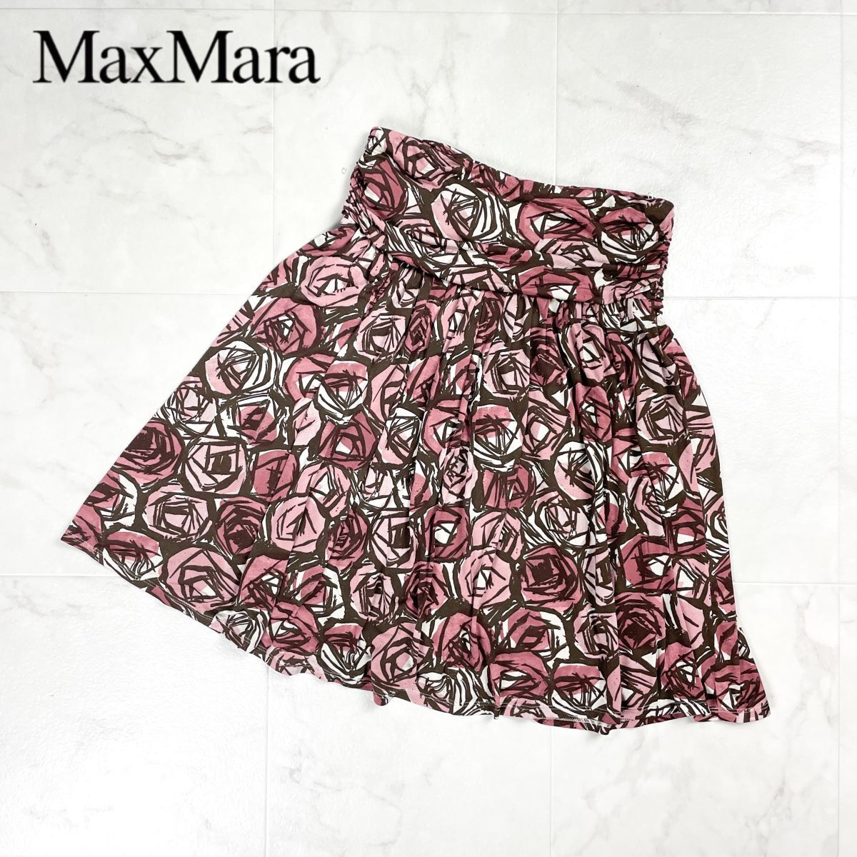 美品 Max Mara マックスマーラ 花柄タックフレアスカート ミモレ丈 裏地付き 薔薇 ピンクブラウン サイズS*GD1193拍卖