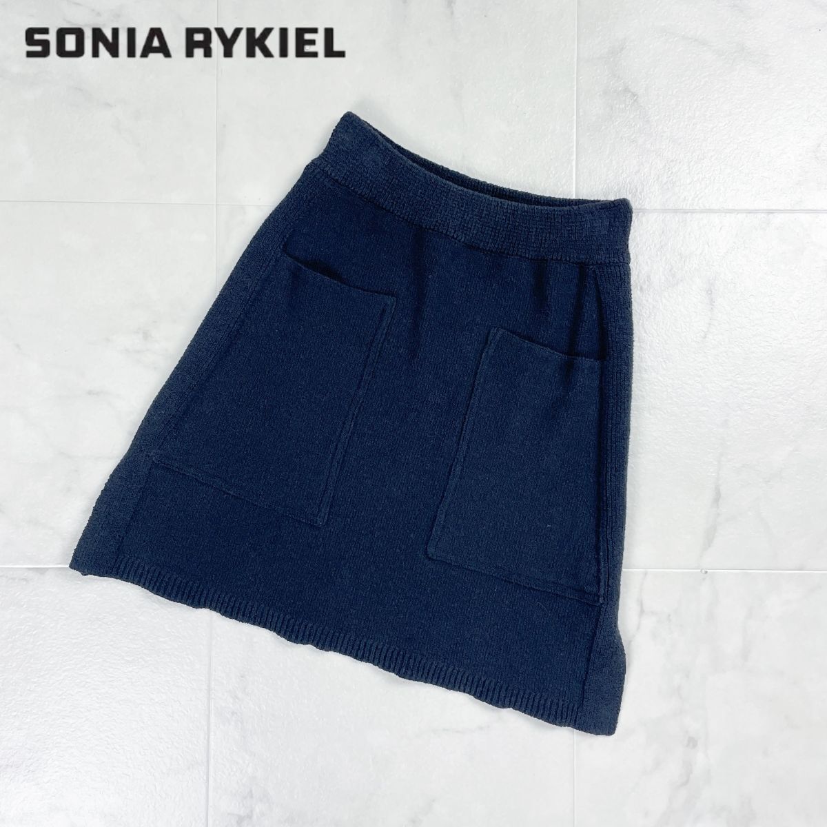 美品 SONIA RYKIEL ソニアリキエル ニットスカート 台形 膝丈 裏地なし ブラック 黒 サイズXS*GD1198拍卖