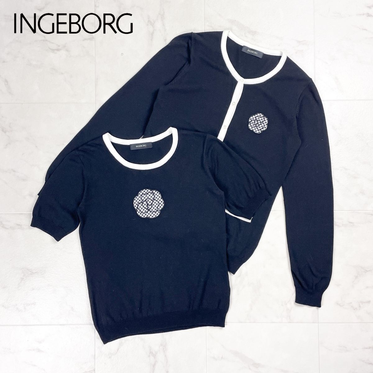 美品 INGEBORG インゲボルグ ピンクハウス カメリヤ アンサンブルニット&カーディガン トップス レディース ブラック 黒 サイズ9*GD1151拍卖