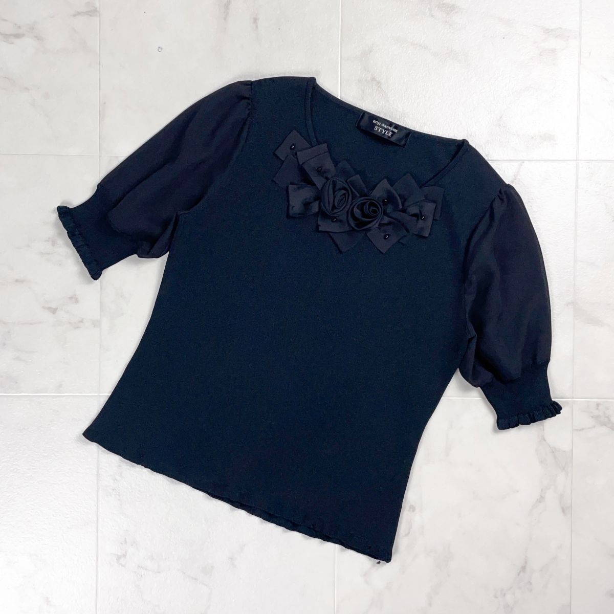 美品 KOJI WATANABE コウジワタナベ ローズリボンモチーフニット 五分袖 トップス レディース ブラック 黒 サイズM*GD1154拍卖