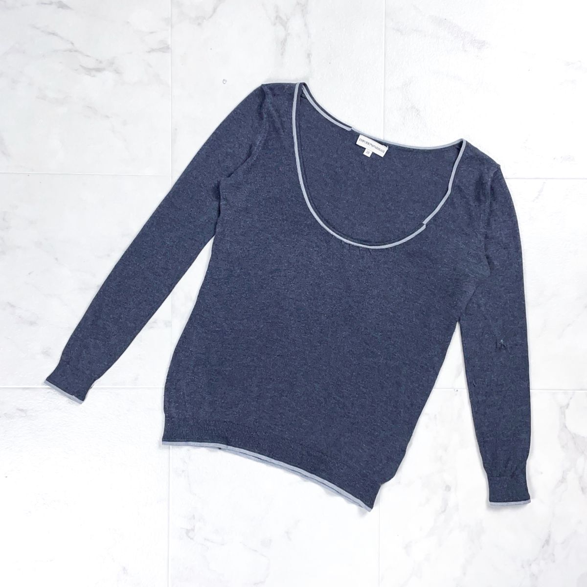 EMPORIO ARMANI エンポリオアルマーニ シルク混 深Uネックニット セーター トップス レディース ダークグレー サイズ38*GD1164拍卖