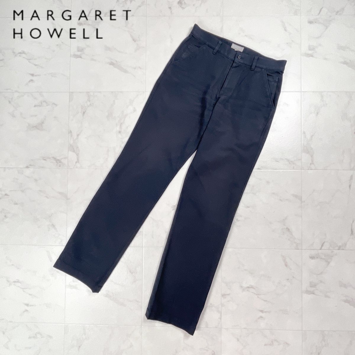美品 MARGARET HOWELL マーガレットハウエル コットンツイルパンツ セミワイド スラックス ワークパンツ メンズ 黒 ブラック サイズM*GD383拍卖