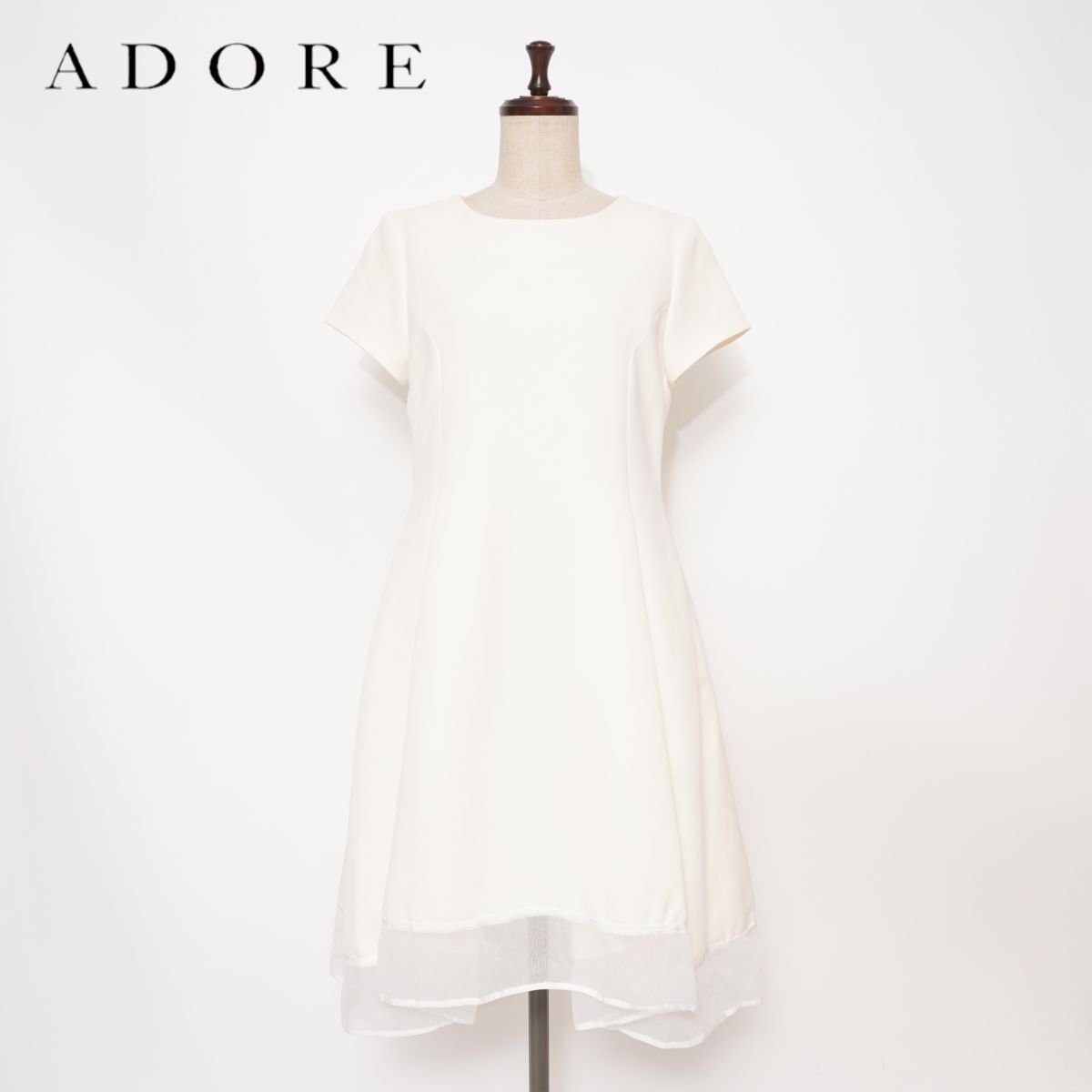 美品 ADORE アドーア 半袖シアーコンビワンピース スクエアネック セレモニー服 フレア Aライン ポケット付 白 ホワイト サイズ38*GD362拍卖