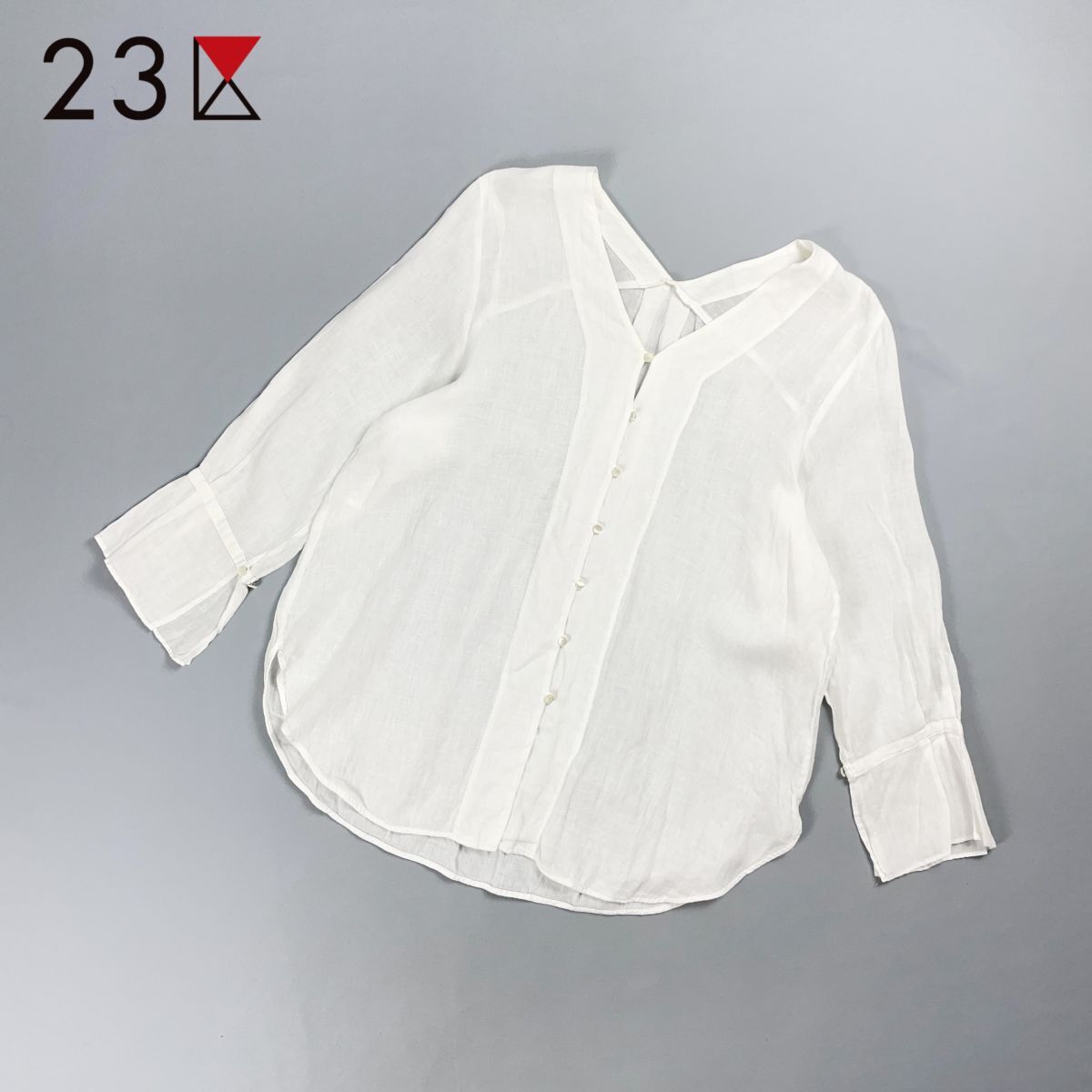 美品 23区 LIBECO オンワード樫山 リネン100% Vネックチュニックブラウス シャツ トップス レディース ホワイト 白 サイズ48*GD1131拍卖