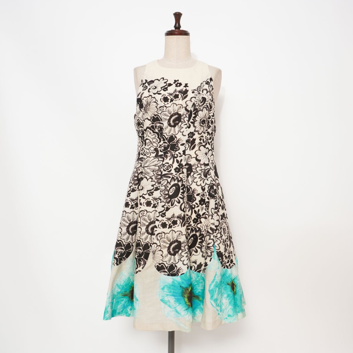 Tracy Reese トレイシーリース リネン100% ノースリーブフレアドレス ワンピース ミモレ丈 レディース マルチカラー サイズ6*GD1136拍卖