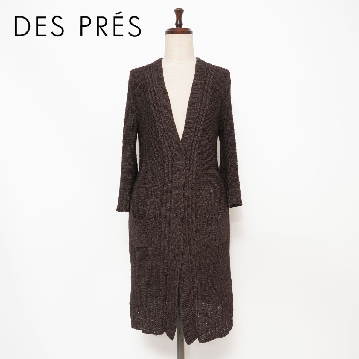美品 DES PRES デプレ リネン・シルク混 サマーニットロングカーディガン レディース ブラウン 茶 サイズ1*GD1142拍卖