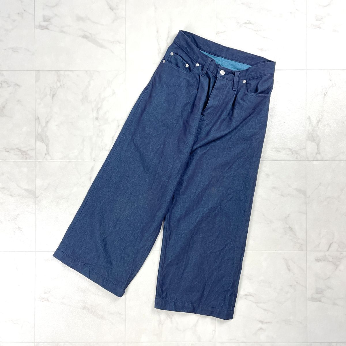 GALERIE VIE ギャルリーヴィー ボタンフライハイウエストデニムパンツ ワイド ボトムス レディース ネイビー 紺 サイズ34*GD1079拍卖