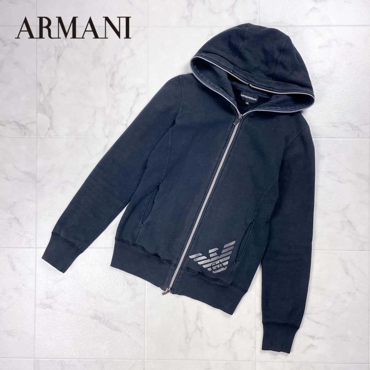 EMPORIO ARMANI エンポリオアルマーニ イーグルロゴ ダブルジップパーカー 長袖 フルジップ レディース 黒 ブラック サイズXS*GD134拍卖