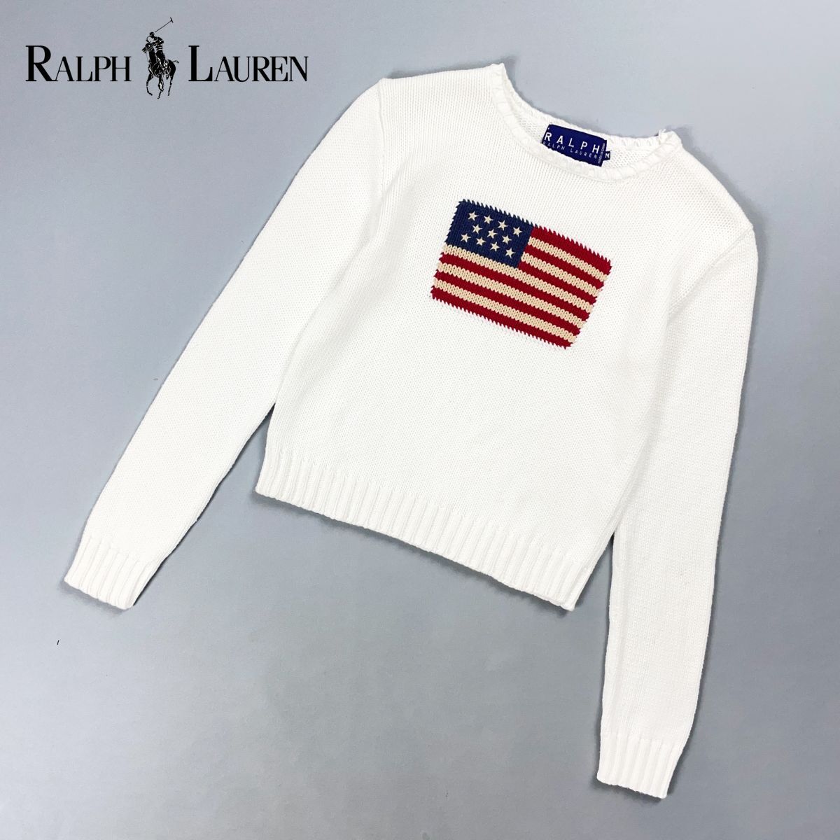 RALPH LAUREN ラルフローレン 星条旗コットンニット アイコニックフラッグセーター アメリカ レディース 白 ホワイト サイズXS相当*GD139拍卖