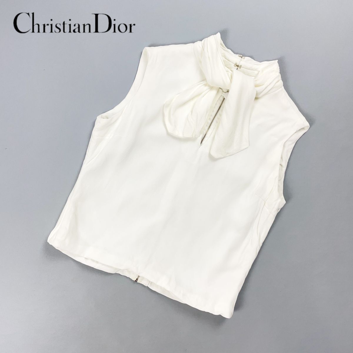 美品 Christian Dior クリスチャンディオール ノースリーブボウタイブラウス ハイネック レディース 白 ホワイト サイズL*GD143拍卖