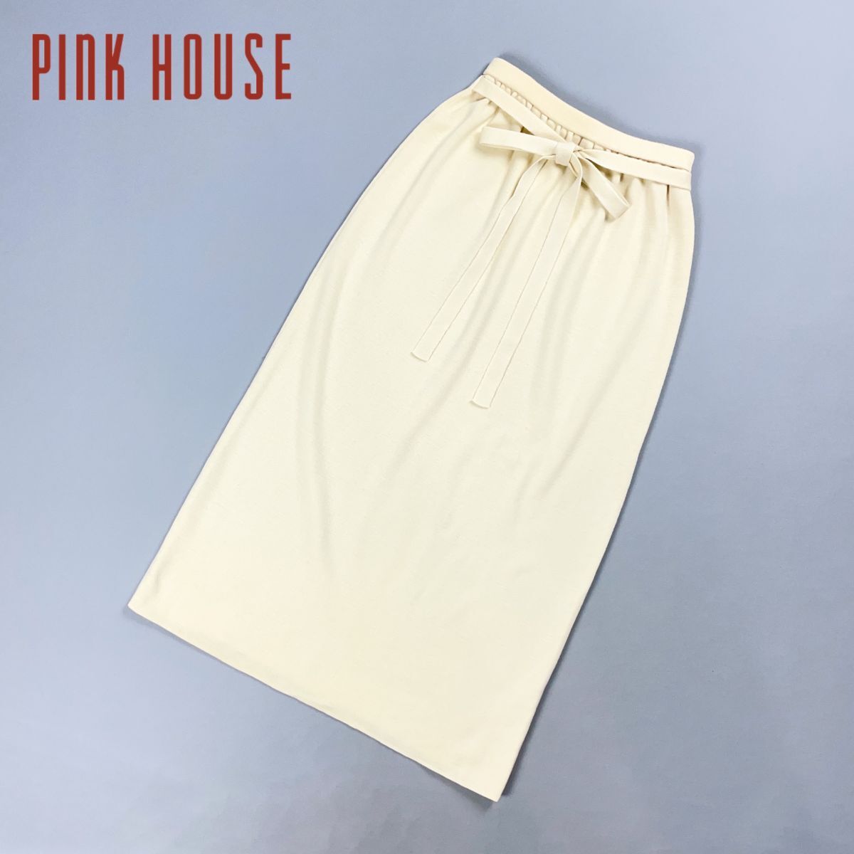 PINK HOUSE ピンクハウス ギャザーニットタイトスカート ウエストリボン ロング丈 アイボリー 生成り サイズF*GD146拍卖