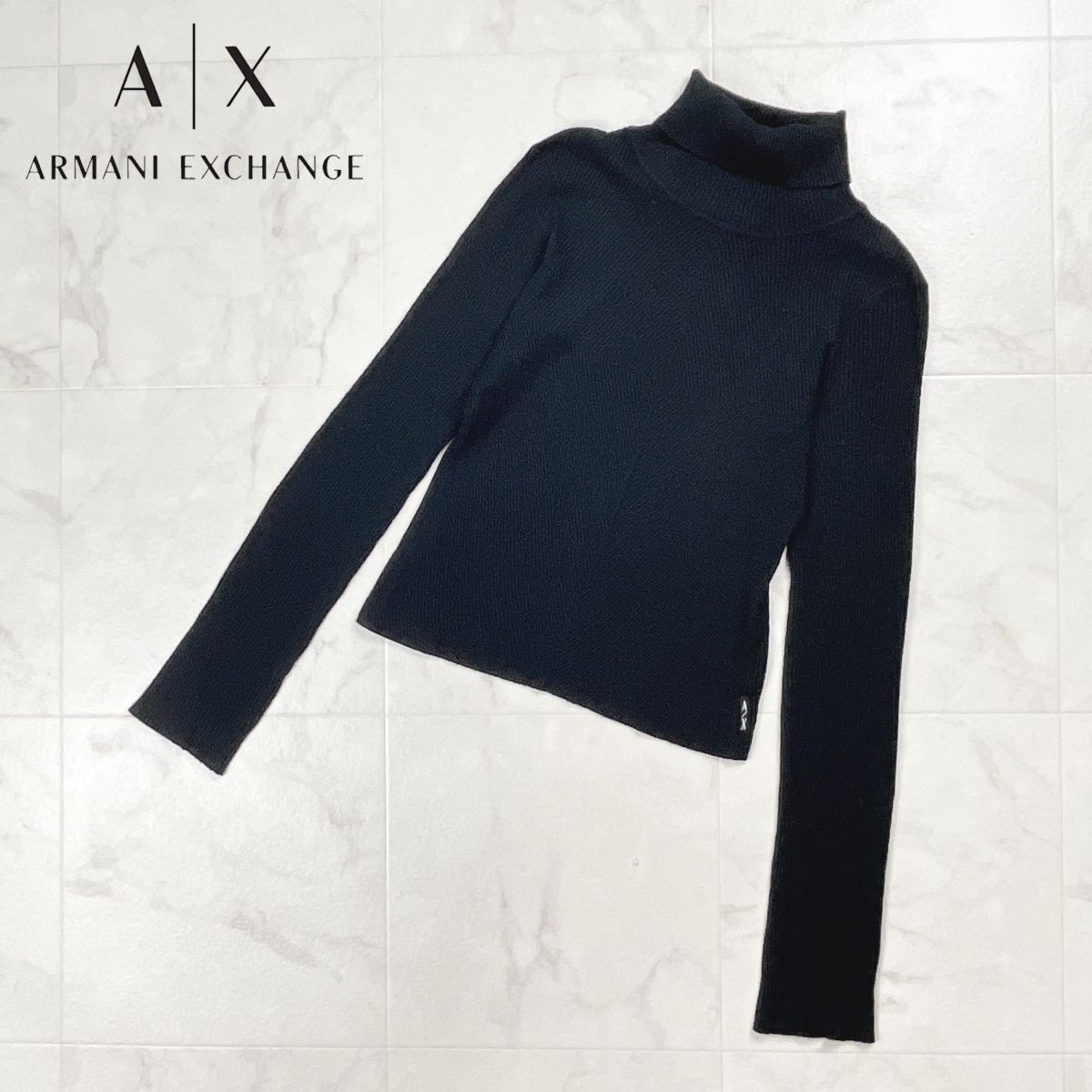 ARMANI EXCHANGE アルマーニエクスチェンジ タートルネックリブニット 長袖セーター レーヨンニット レディース 黒 ブラック サイズL*GD151拍卖