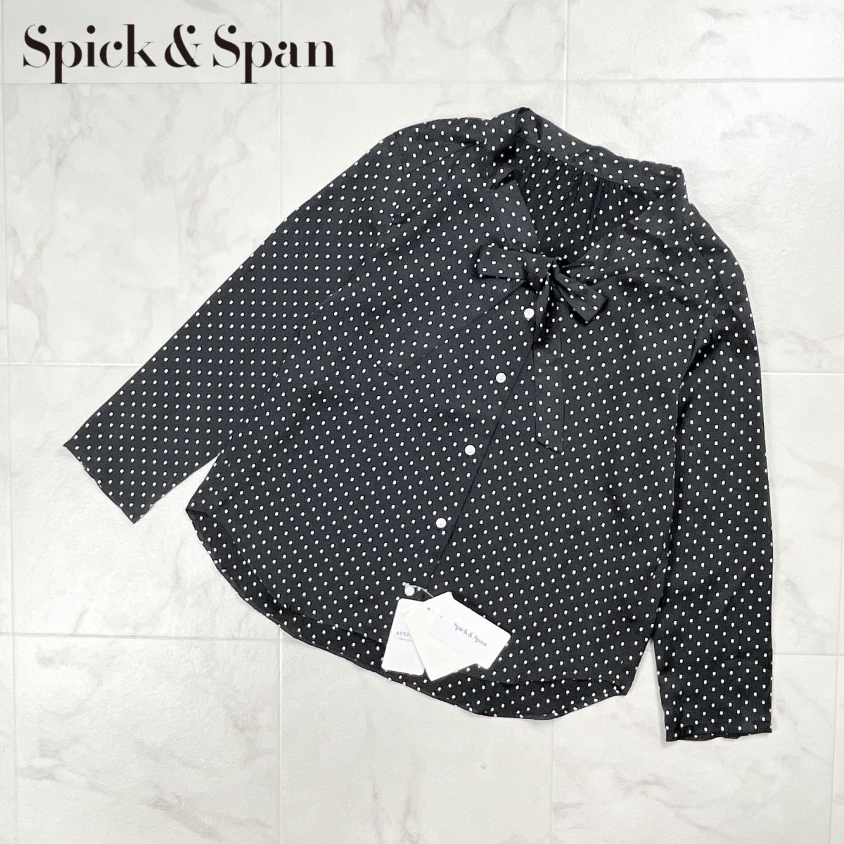 新品未使用タグ付 Spick and Span スピックアンドスパン ドット柄ボウタイブラウス 七分袖シャツ レディース 黒 ブラック サイズF*GD152拍卖