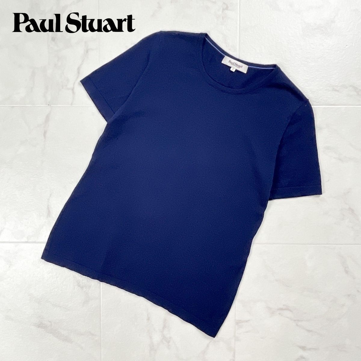 美品 Paul Stuart ポールスチュアート 半袖ニットTシャツ クルーネック コットン 薄手 サマーニット レディース ネイビー 紺 サイズ8*GD155拍卖