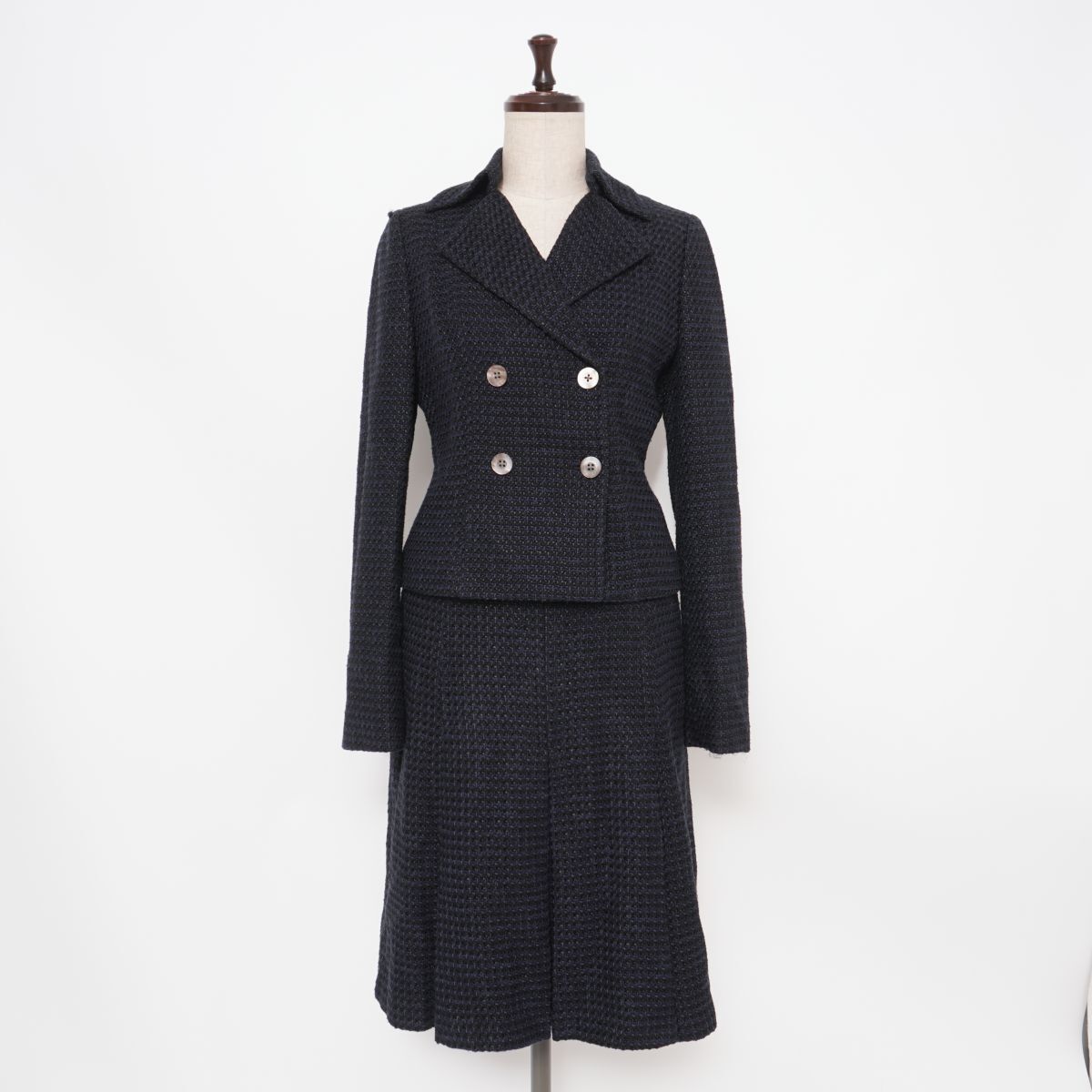 ANNE KLEIN アンクライン ウール混 ツイードセットアップスカートスーツ ミモレ丈 総裏 レディース ネイビー 紺 サイズ9*GD914拍卖