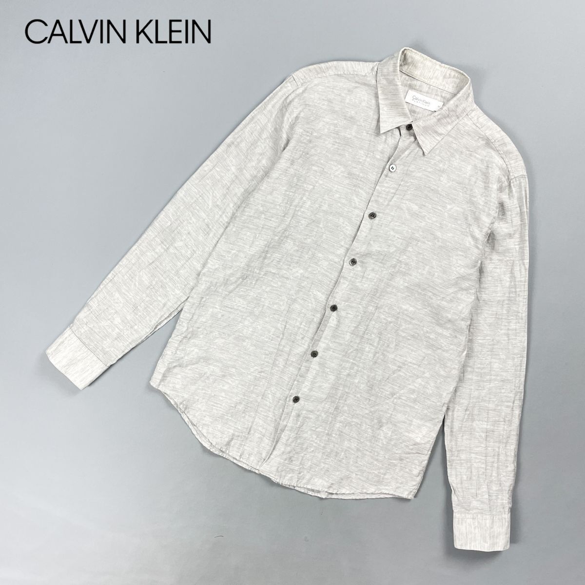 美品 CALVIN KLEIN カルバンクライン コットンリネン長袖シャツ 霜降り 総柄 薄手 メンズ グレー サイズM*GD176拍卖