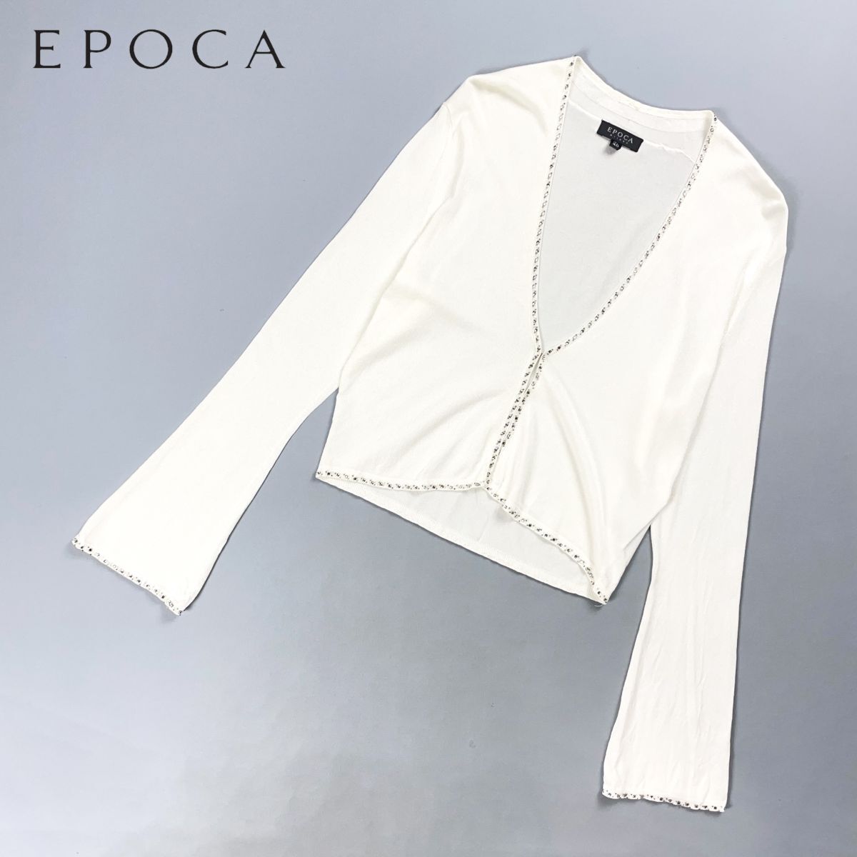 EPOCA エポカ ビジュー刺繍 フレアスリーブニットカーディガン 長袖 レーヨン Vネック レディース 白 ホワイト アイボリー サイズ40*GD179拍卖