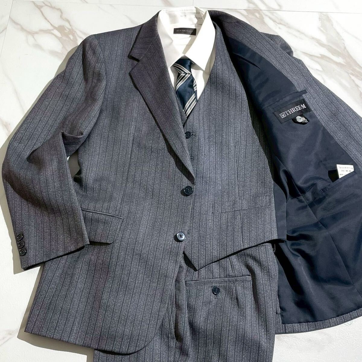 美品◆Lサイズ◆スーツ セットアップ 3ピース ストライプ スリーピース メンズスーツ ウール グレー拍卖