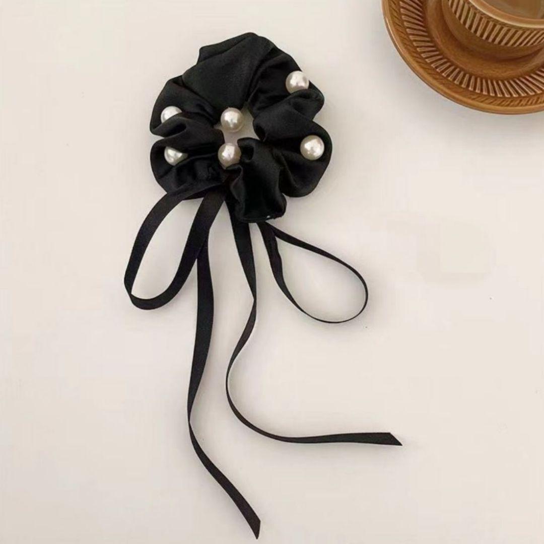 リボン パール シュシュ 黒 韓国風 高見え 大人可愛い 髪飾り ヘアゴム ヘアアクセサリー ブラック拍卖