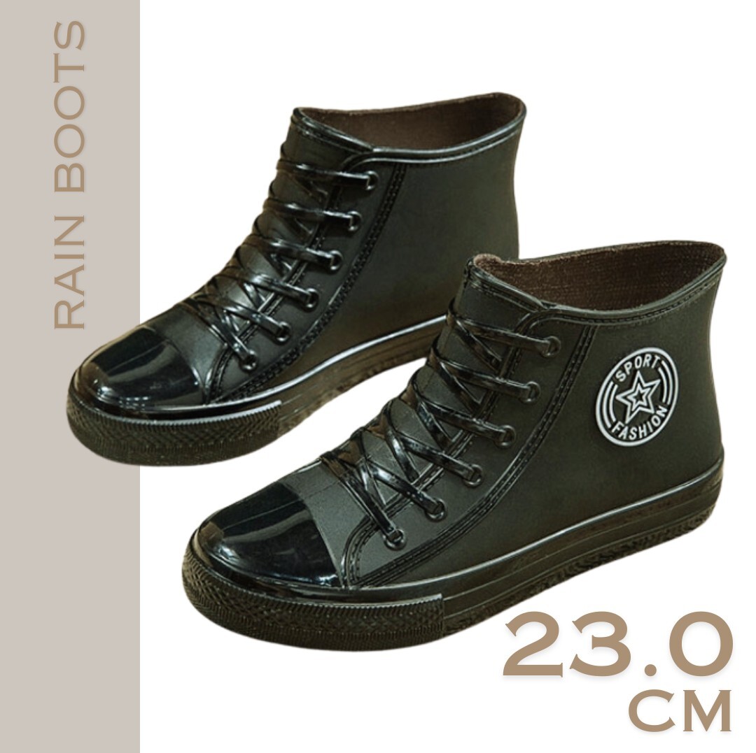 【23cm】レインブーツ ハイカット レインシューズ ブラック 黒 スニーカー 長靴 ショート 雪 軽量 滑り止め 通勤 通学 子供 キッズ 新品拍卖