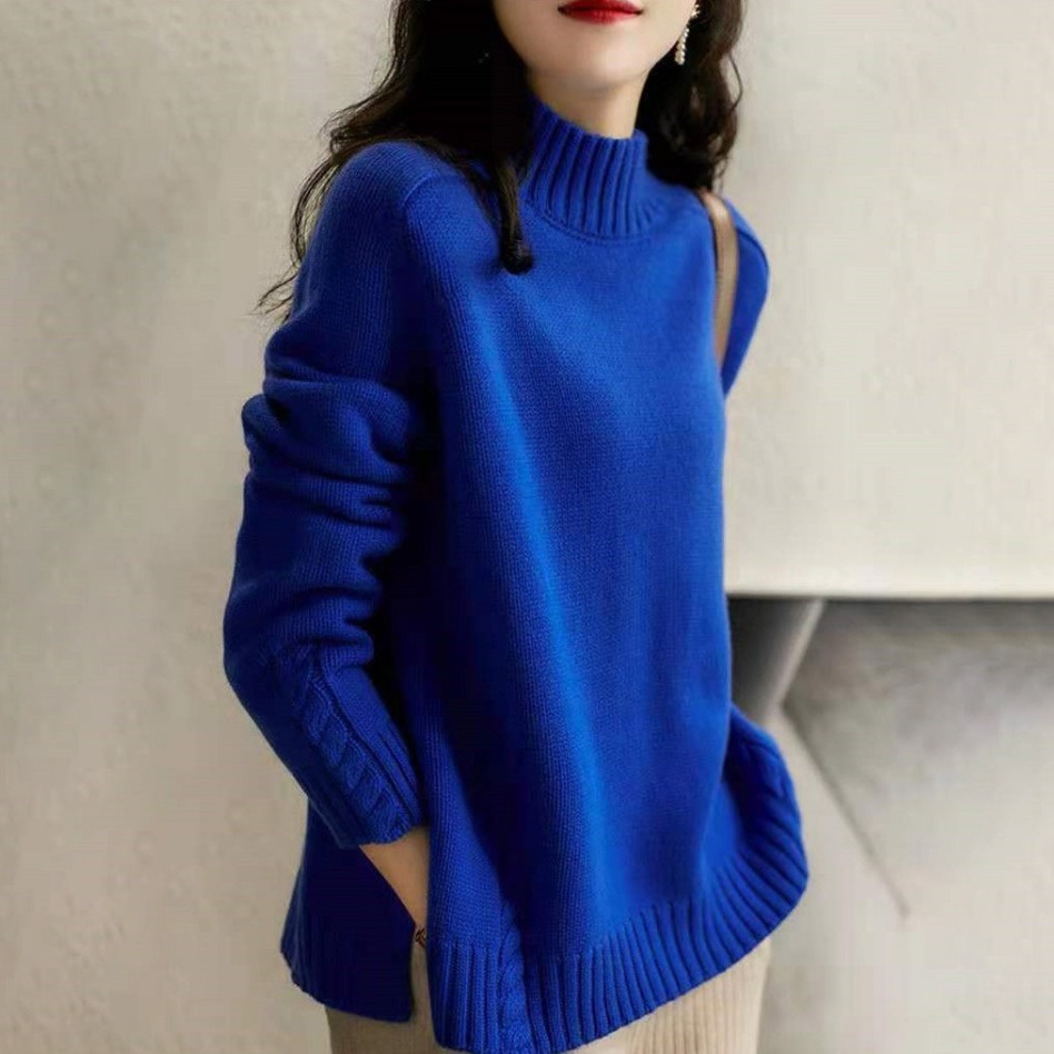 「同梱1万円送料無料」セーター ふんわり 柔らか ミンクカシミヤ 着痩せ デザインケーブル編み 可愛い ハイネック ニットセーター / 紺拍卖