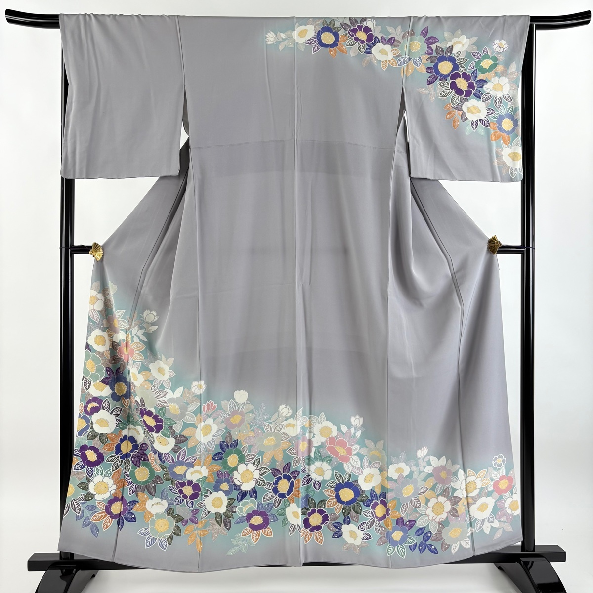 訪問着 身丈158.5cm 裄丈66.5cm M 袷 草花 金彩 染め分け 灰色 正絹 秀品 【中古】拍卖