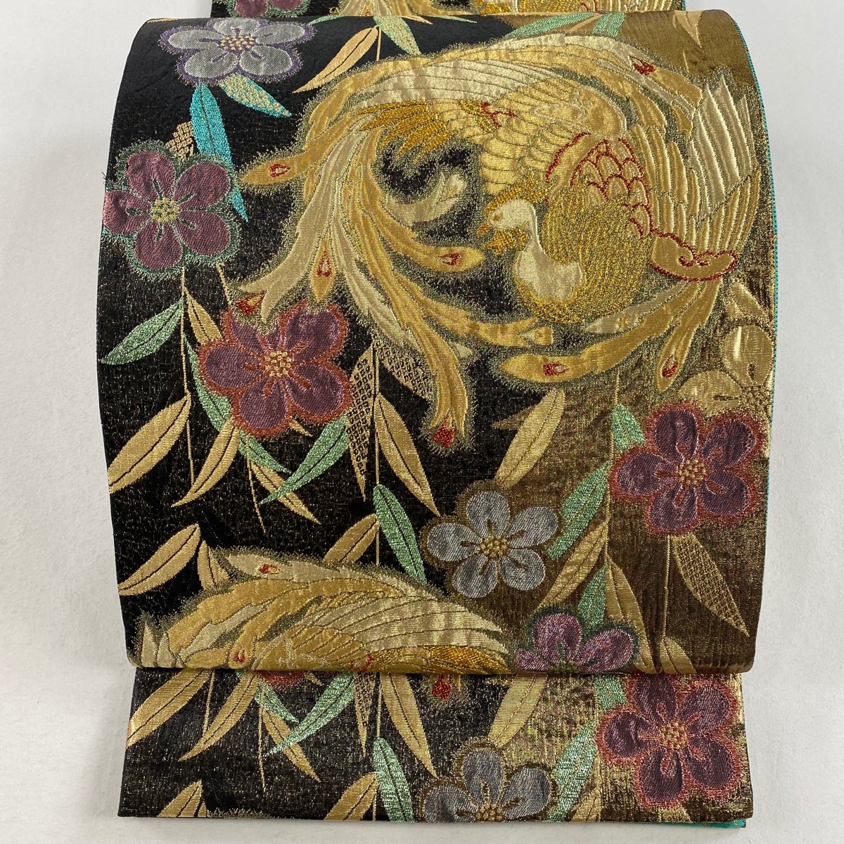 袋帯 美品 秀品 尾長鳥 梅 箔 黒 六通 正絹 【中古】拍卖