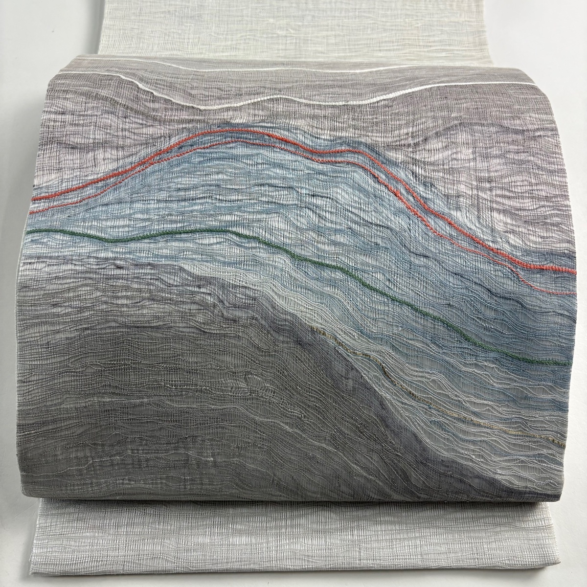 袋帯 秀品 夏帯 幾何学模様 金糸 灰色 お太鼓柄 正絹 【中古】拍卖