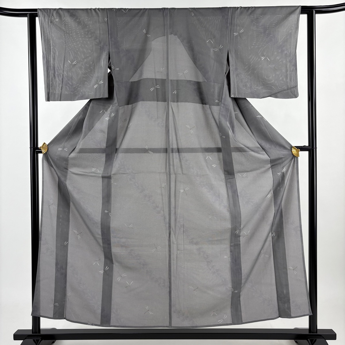 小紋 身丈154.5cm 裄丈61cm S 薄物 絽 とんぼ 葉柄 金銀彩 ぼかし 灰色 正絹 秀品 【中古】拍卖