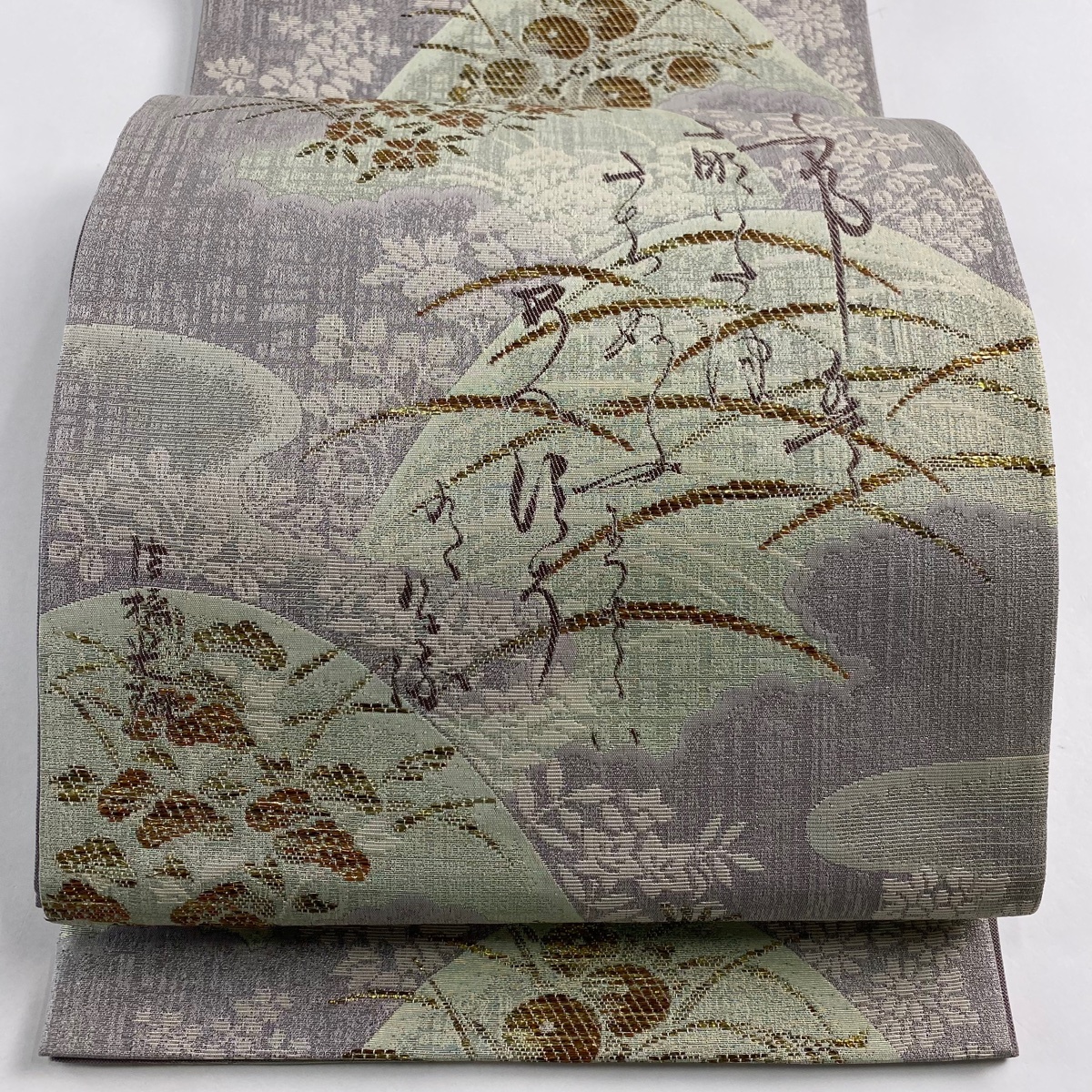 袋帯 美品 名品 証紙 博多織 秋草 文字文 箔 灰紫 六通 正絹 【中古】拍卖