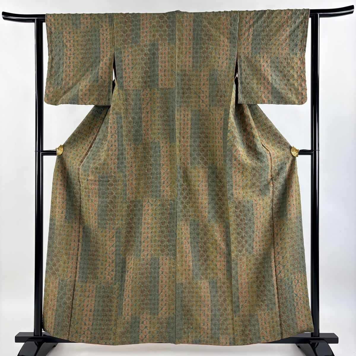 小紋 身丈157.5cm 裄丈62cm S 袷 紬地 幾何学 絞り 緑 正絹 美品 名品 【中古】拍卖