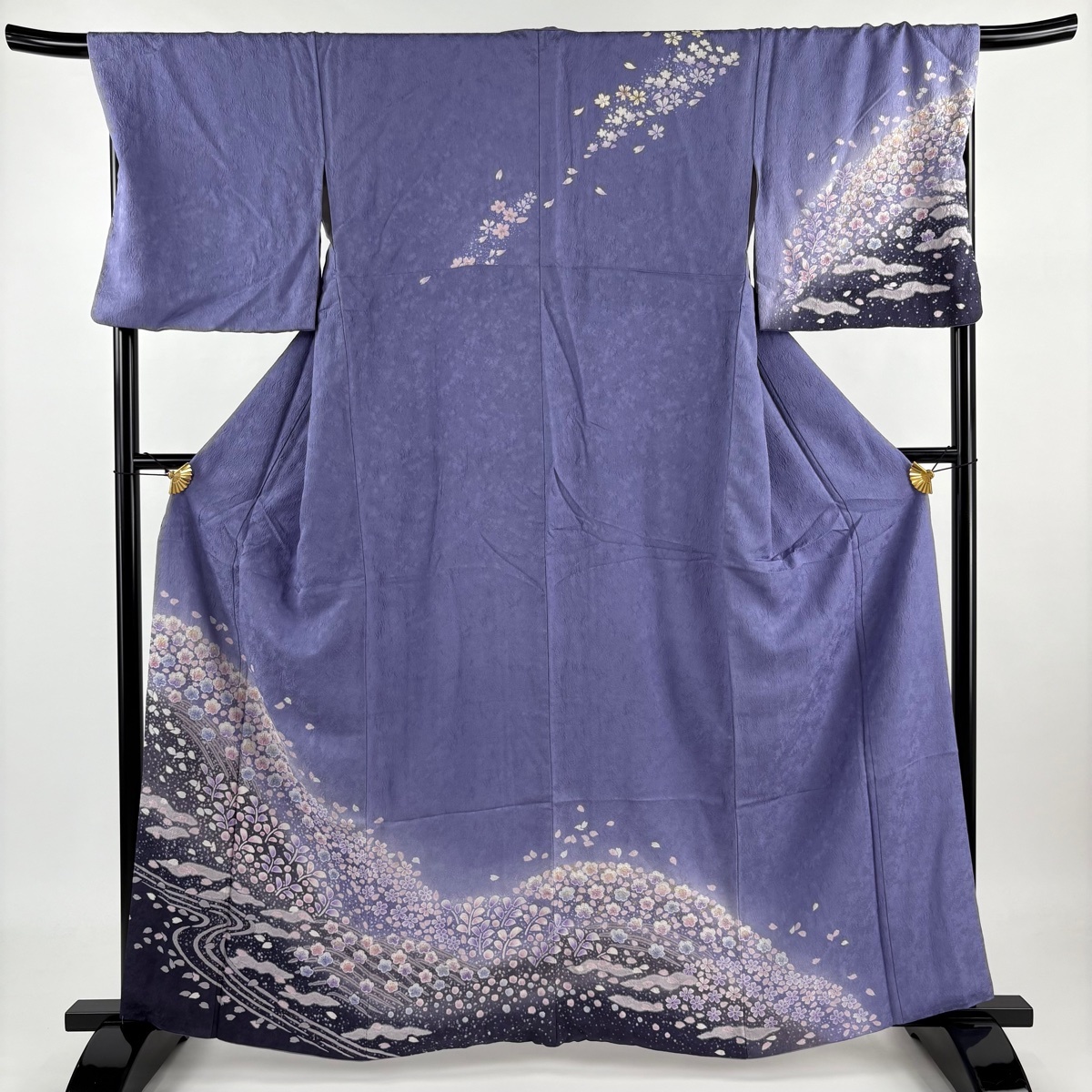 訪問着 身丈161.5cm 裄丈70cm L 袷 桜 流水 金彩 絞り 薄紫 正絹 秀品 【中古】拍卖