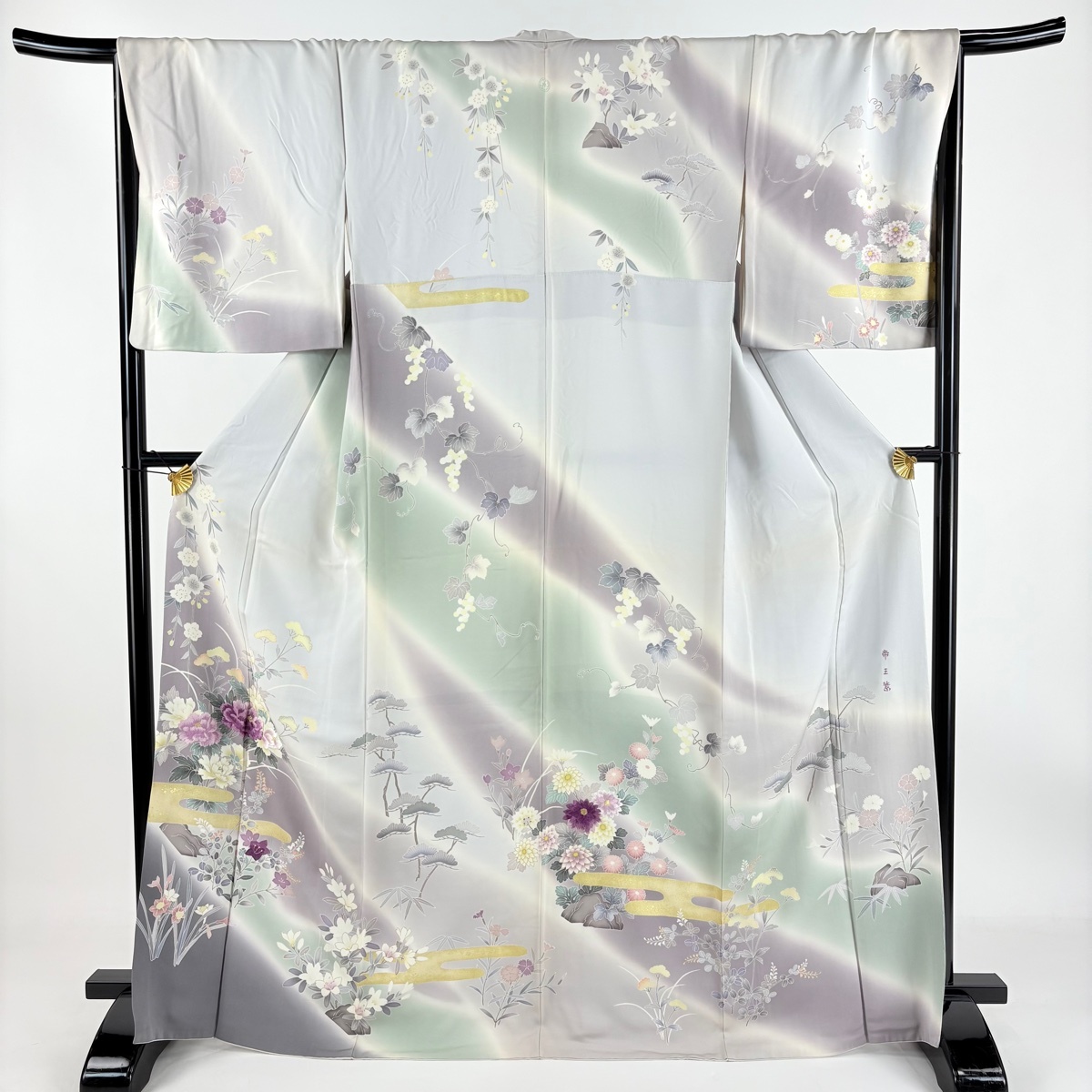 訪問着 身丈168cm 裄丈68.5cm L 袷 帝王紫 落款 牡丹 ヱ霞 刺繍 ぼかし 灰紫 正絹 逸品 一つ紋 【中古】拍卖