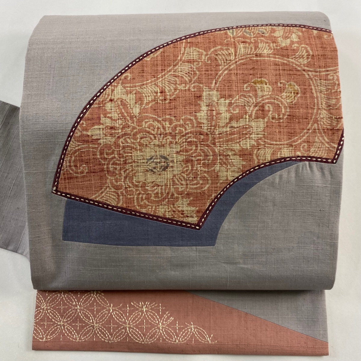 名古屋帯 秀品 紬地 扇面 草花 灰紫 正絹 【中古】拍卖