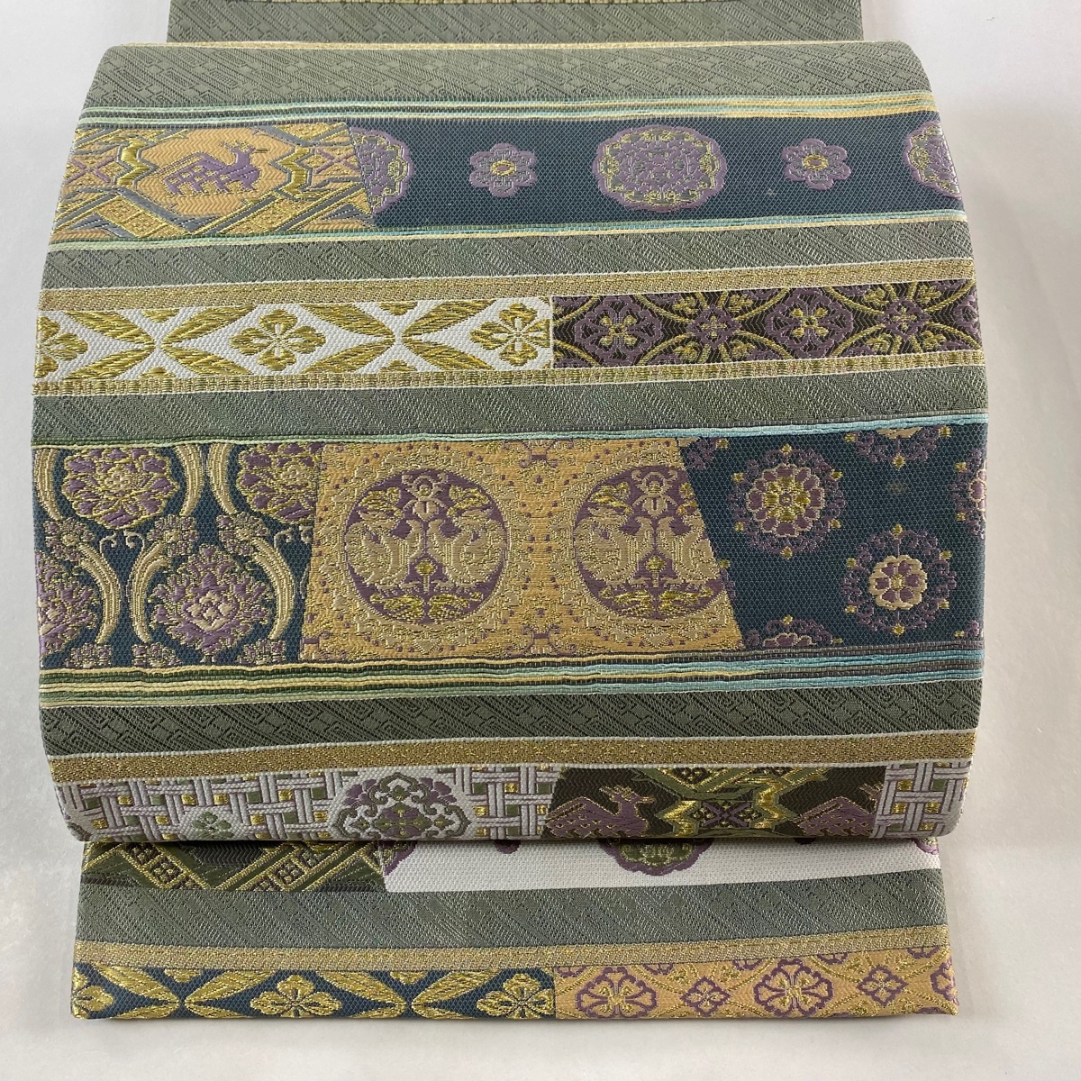 袋帯 美品 秀品 向かい鳥 華文 金糸 灰緑 お太鼓柄 正絹 【中古】拍卖