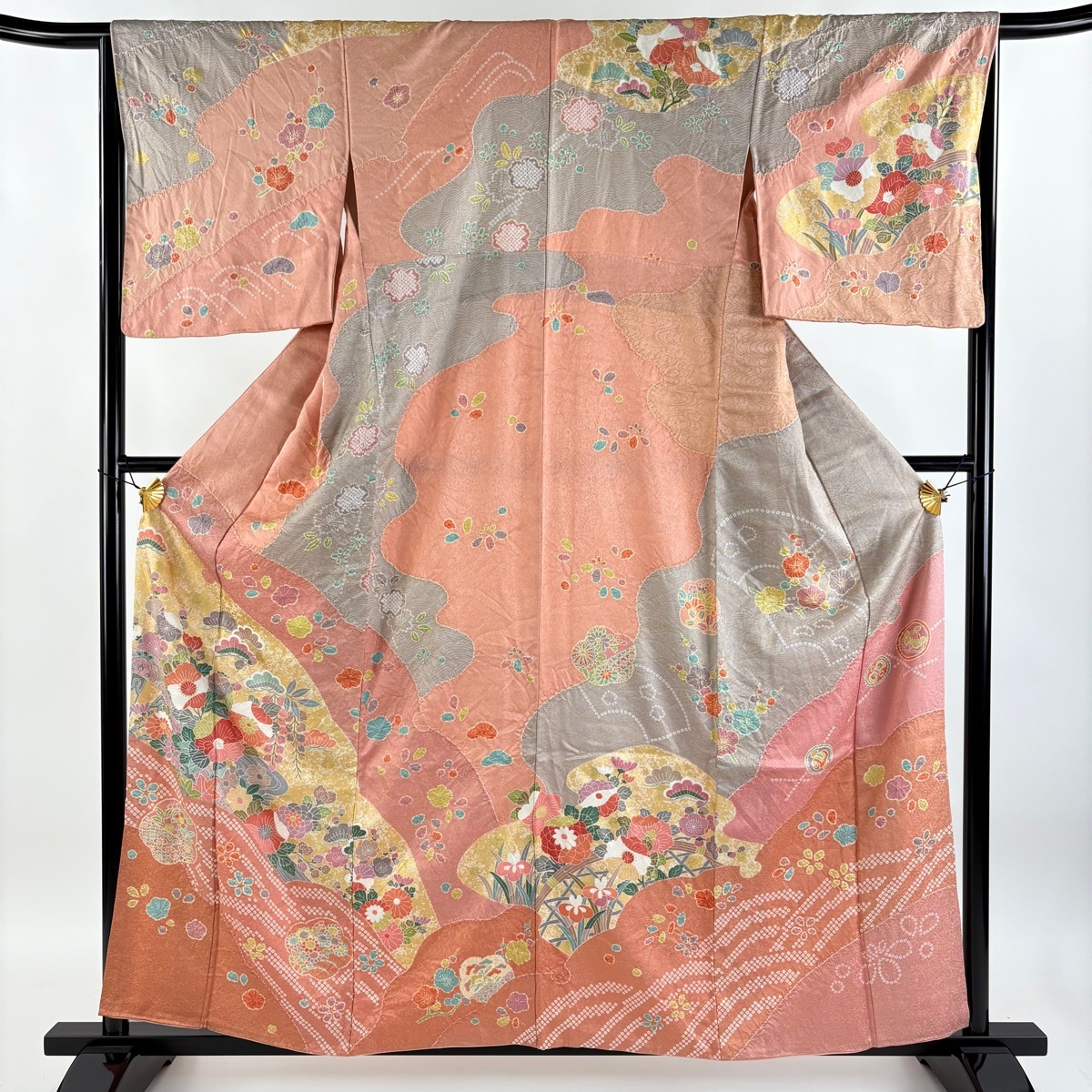 訪問着 身丈159cm 裄丈66.5cm M 袷 草花 流水 金彩 ピンク 正絹 名品 【中古】拍卖