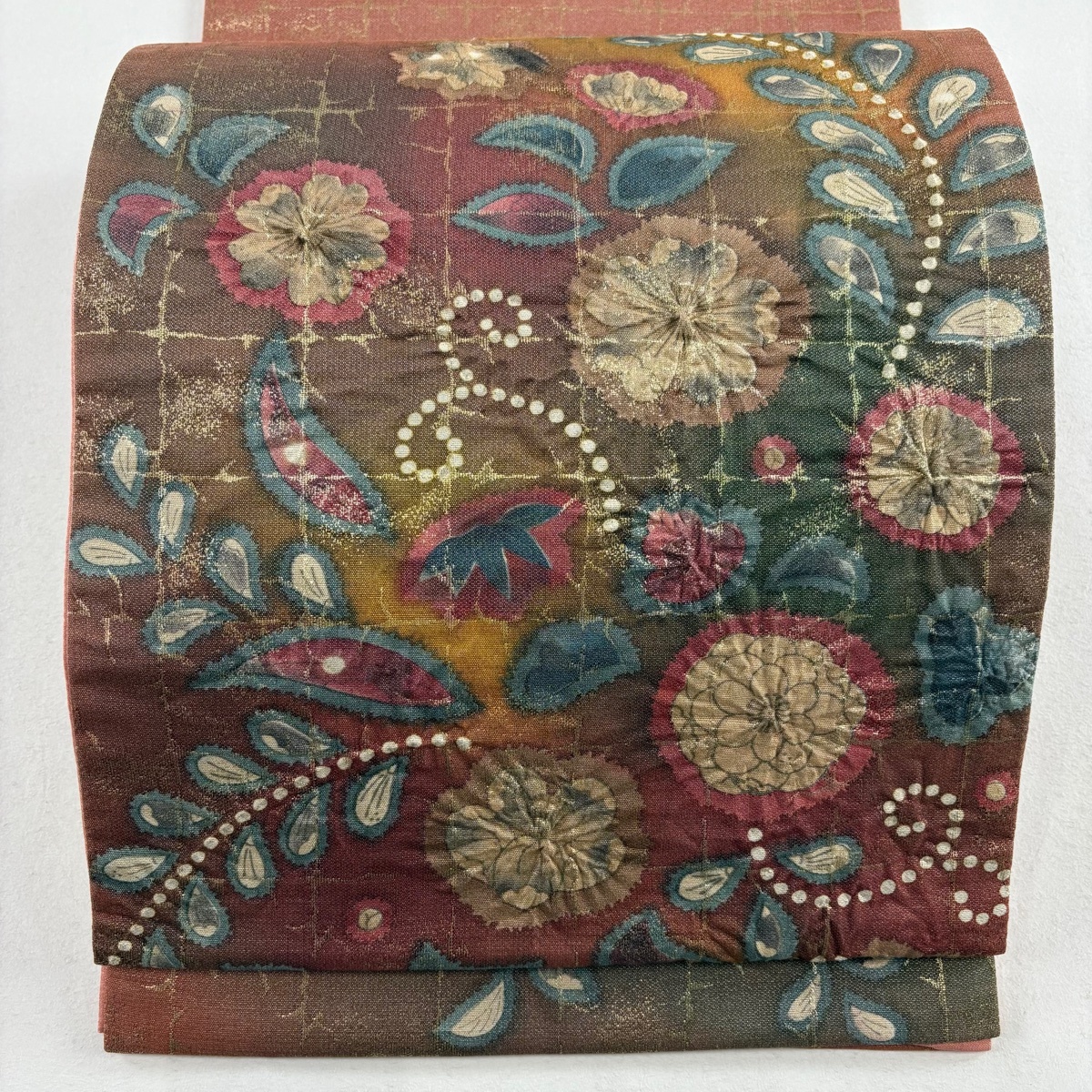 袋帯 美品 名品 落款 辻が花 格子 銀糸 箔 赤紫 お太鼓柄 正絹 【中古】拍卖