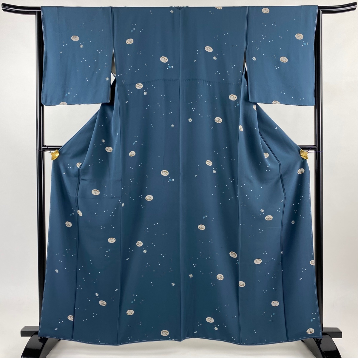 小紋 身丈162cm 裄丈65cm M 袷 うさぎ 花 青緑 正絹 名品 【中古】拍卖