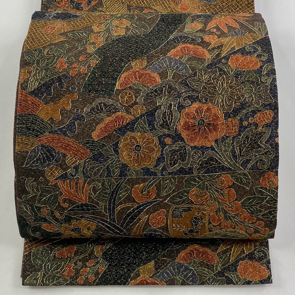 袋帯 逸品 草花 松竹 金糸 箔 茶緑色 全通 正絹 【中古】拍卖